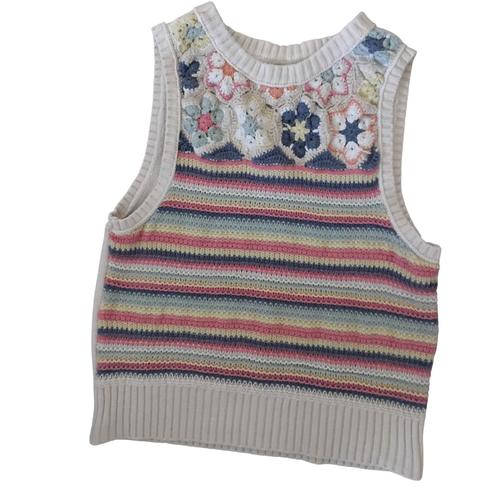 Americanβ Eagle Striped Crochet Knit Sweater Vest Women S Cream Multi Color